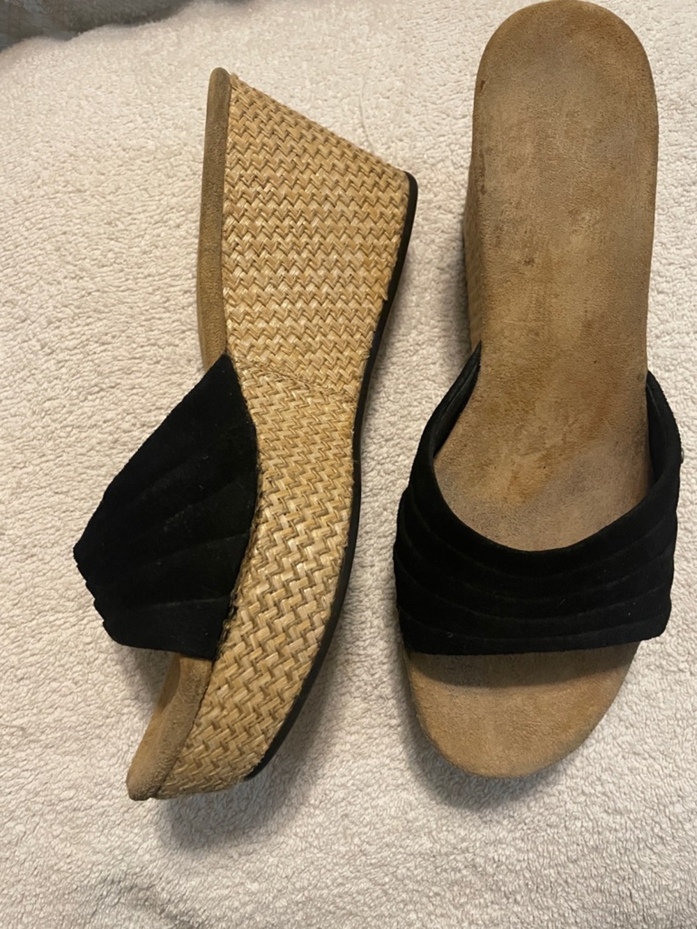 UGG Black Suede Wedge Slide Sandals with Woven Platform